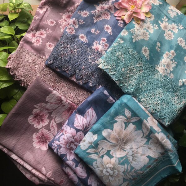 A stunningly gorgeous collection in pure muslin top with beautiful floral prints & Cutwork ,cotton bottom & floral muslin Duppatta