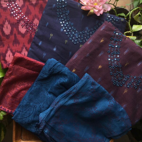 Presenting Our Beautiful New collection in pure Ikkat with exquisite mirror work all along neckline , cotton bottom and chiffon duppatta with block prints