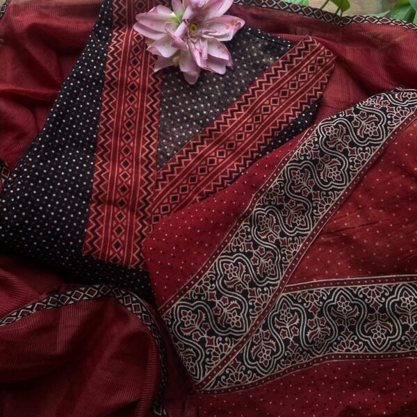 Presenting Our Beautiful New collection in pure Ajrak cotton with beautiful border patterning , cotton bottom & kota silk duppatta with borders