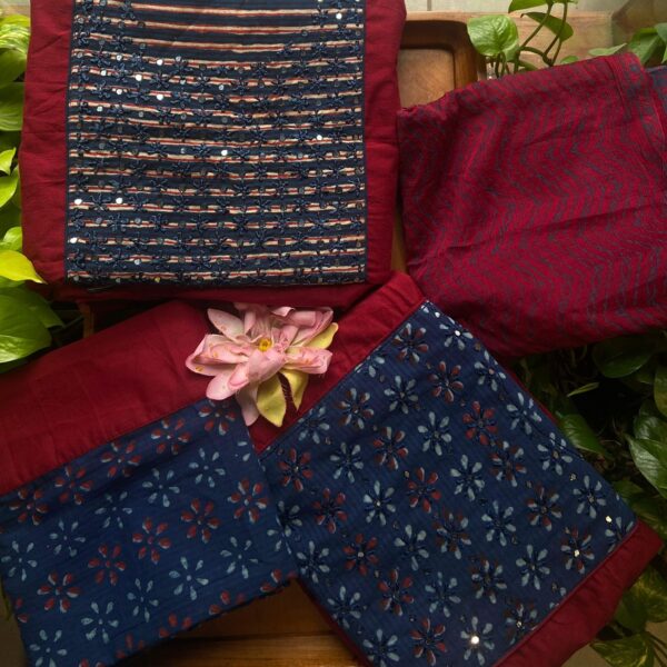 Presenting Our Beautiful New collection in pure cotton with beautiful hand embroidery detailing featuring French knots & mirror work , cotton bottom & chiffon/cotton duppatta with borders