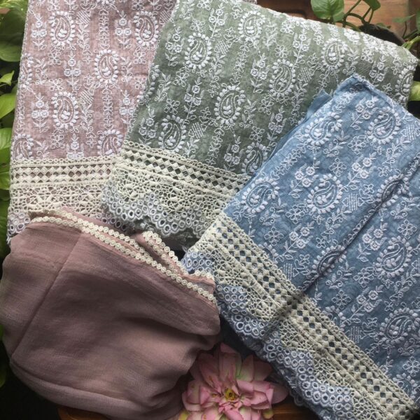 A stunningly gorgeous collection in pure kota top with intricate Chikankari embroidery,cotton bottom and pure chiffon Duppatta