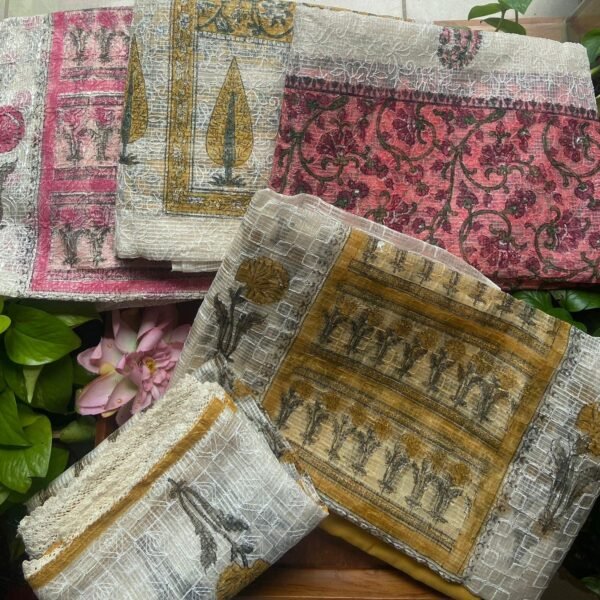 A beautiful collection of Tepchi Chikankari embroidery on matka silk top & Duppatta with with beautiful block prints & cotton bottom