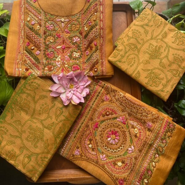 A beautiful collection of Matka silk top with exquisite hand embroidery , cotton bottom and matka silk block printed Duppatta