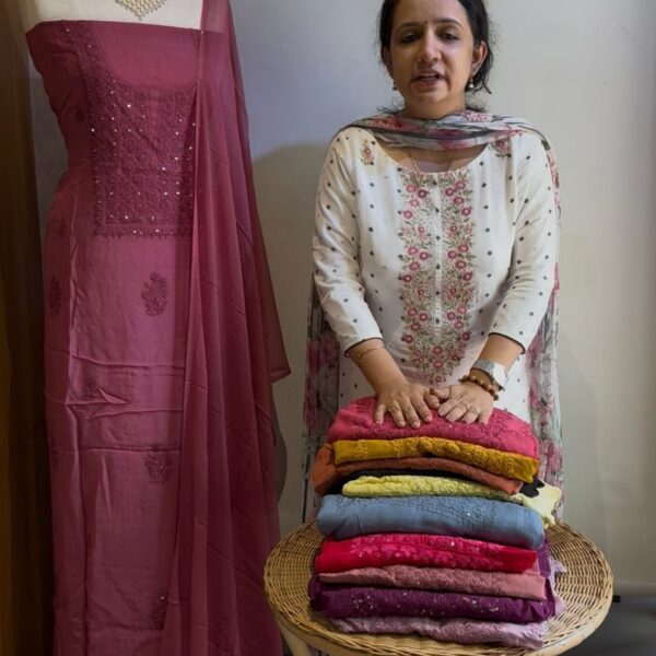 A beautiful collection in pure Silk organza top with beautiful Chikankari hand embroidery & chiffon/silk organza Duppatta also with intricate Chikankari embroidery & santoon bottom