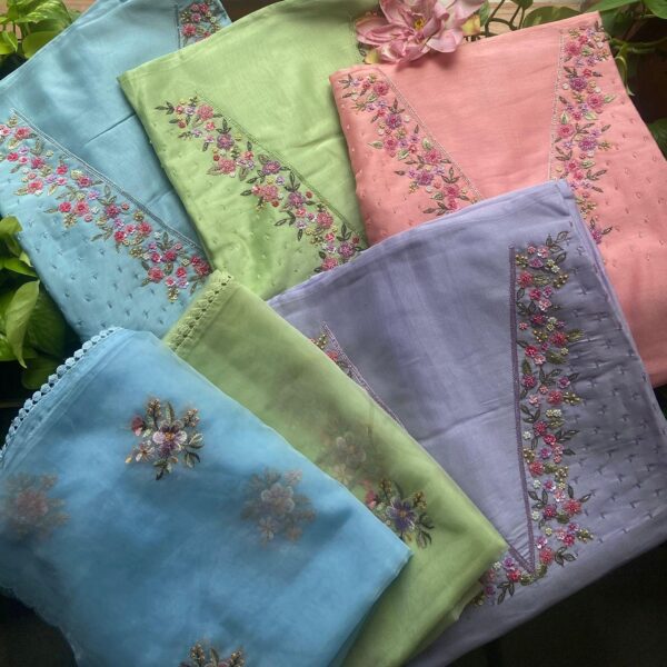 A beautiful premium collection of pure Benarasi Chandheri silk top with exquisite hand embroidery at neckline , sleeve borders & also embroidery on santoon bottom & organza Duppatta with exquisite embroidery