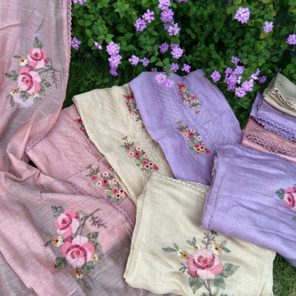 A beautiful premium collection of malai Chandheri top with exquisite embroidery & designer detailing , santoon bottom also with designer detailing & malai Chandheri Duppatta with stunningly gorgeous embroidery