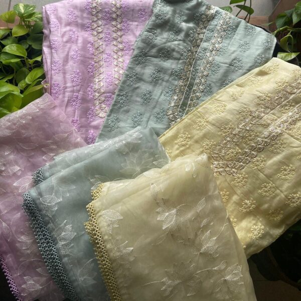 A beautiful collection of pure Benarasi Chandheri silk top with complete embroidery , santoon bottom & silk organza Duppatta with complete embroidery & French lace borders