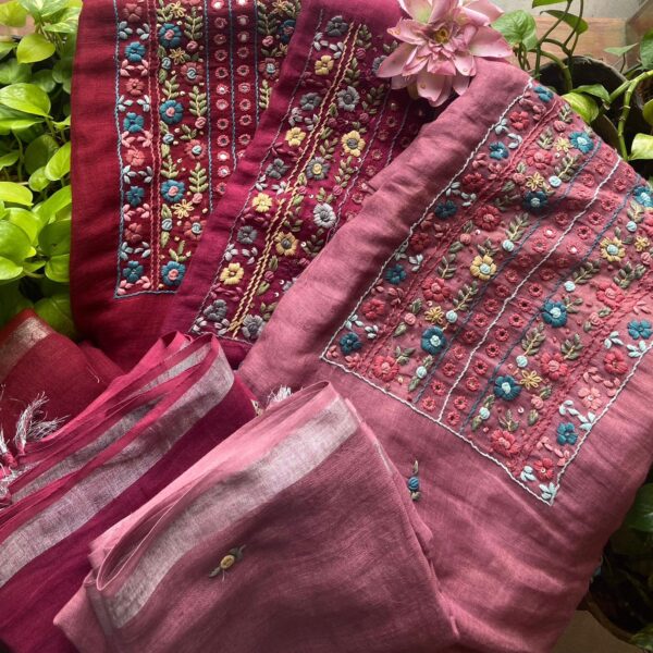 A beautiful collection of pure linen top & Duppatta with beautiful hand embroidery all along & santoon bottom