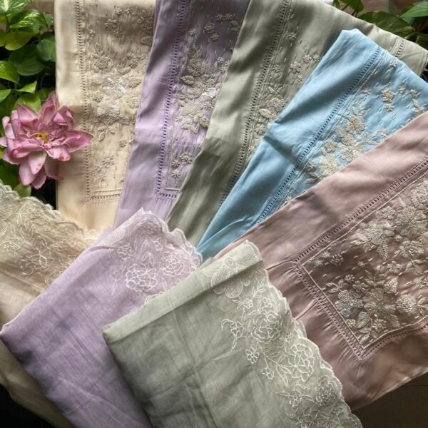 A beautiful collection of Pure Benarasi Chandheri silk top with exquisite hand embroidery , santoon bottom & pure Mal Chandheri Duppatta with beautiful & intricate embroidery all along