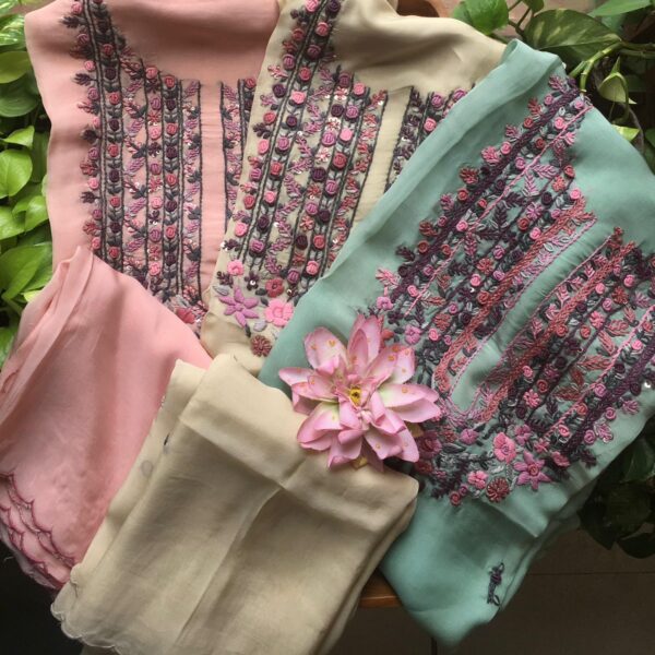 A beautiful collection of pure silk organza top & Duppatta with exquisite hand work & santoon bottom