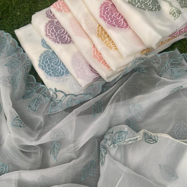 A beautiful collection of chiffon top with pretty appliqué embroidery , cotton silk bottom & chiffon Duppatta with beautiful floral embroidery