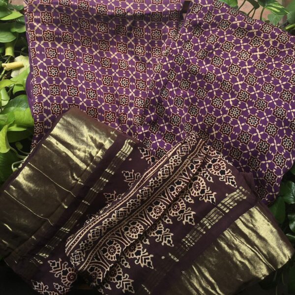 A beautiful premium collection of pure modal silk top & Duppatta with beautiful Ajrak block prints & lakdi patti borders. Pure modal bottom can be converted as a second top