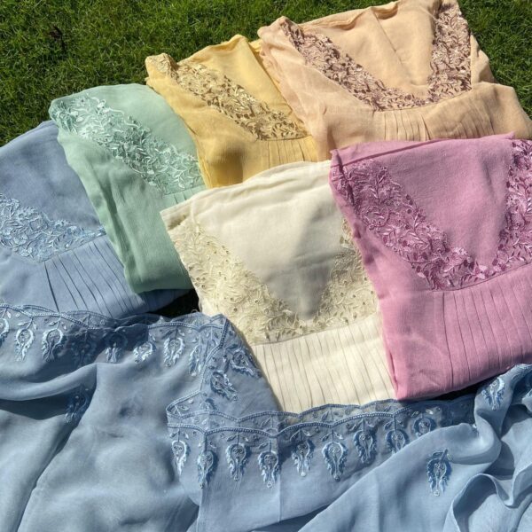 ☘️ A beautiful festive collection of crush georgette top (Unstitched material)with pretty Chikankari reminiscent embroidery throughout length of top and neckline and Duppatta and cotton silk bottom