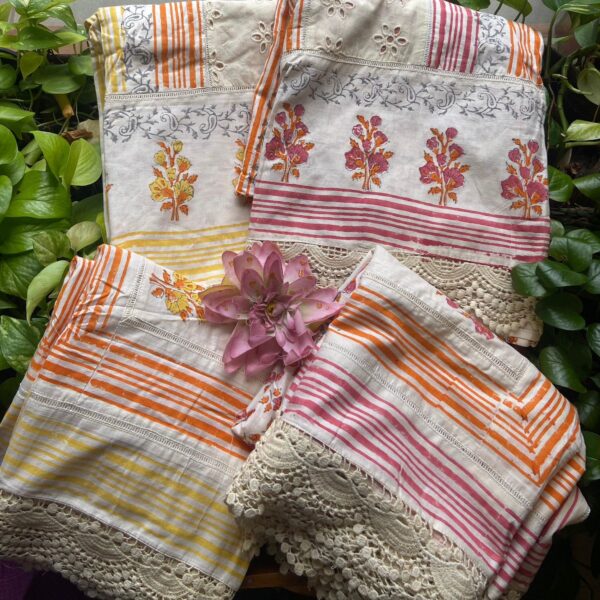 A beautiful collection of Pure cotton top with block prints, Cutwork and French lace detailing , cotton printed bottom and mal Duppatta with French lace borders