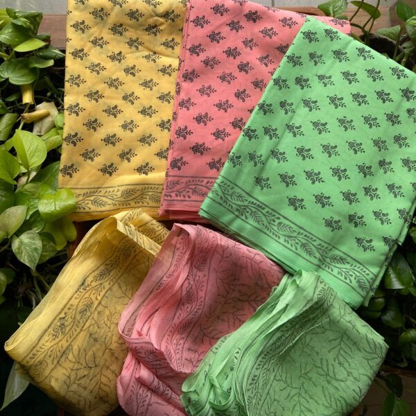 A beautiful collection of Pure cotton top with block prints , cotton printed bottom & chiffon Duppatta