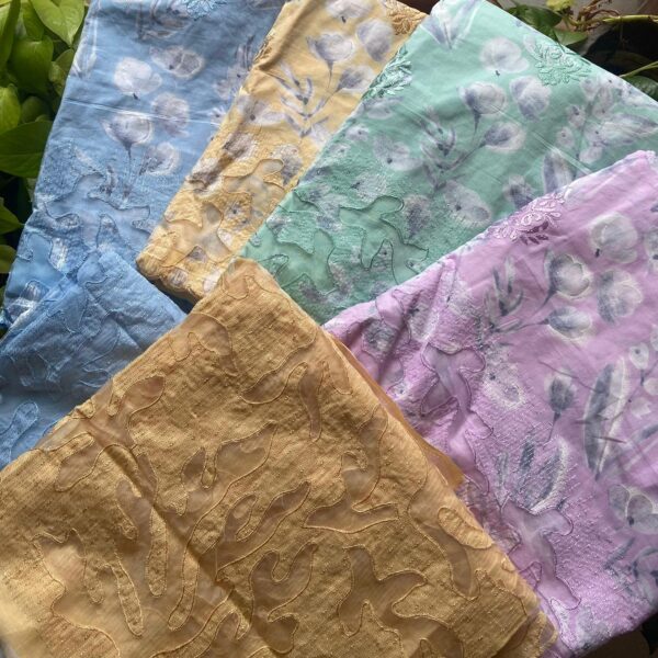 A beautiful collection of Pure muslin top with floral block prints & appliqué , cotton bottom & mal Cotton Duppatta with appliqués