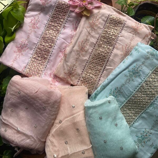 A beautiful collection of muslin top with pearl embroidery, cotton bottom and chiffon Duppatta