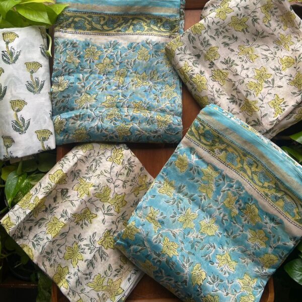 A beautiful collection of pure Chandheri silk top with intricate floral block prints all over top & a beautiful border which can be used fir your styling , cotton printed botton & floral printed Chandheri silk Duppatta