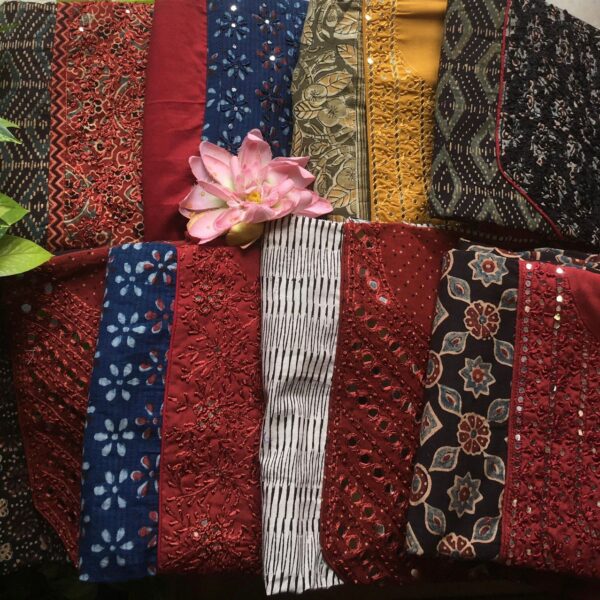 A beautiful collection of stunning Ajrak tops with intricate hand embroidery & mirror work , cotton bottom & kota Doria /chiffon Duppatta