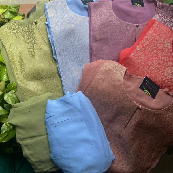 A beautiful premium collection of pure viscose georgette top with stunning Benarasi fabric designed on yoke & sleeves ( The suit is unstitched with all designer detailing done & has to be stitched as per measurements) , santoon bottom & pure chiffon badla Duppatta Dispatch time 5 days