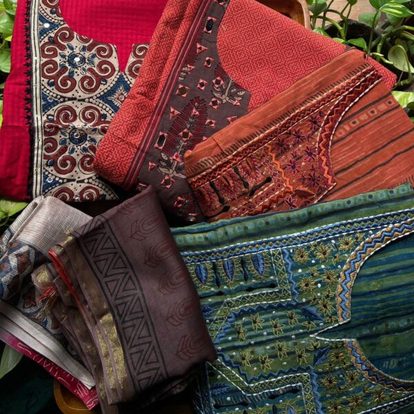 A beautiful collection of Pure cottons with designer Kutch embroidery patterning on top & Kota Doria /silk Duppatta & bottom