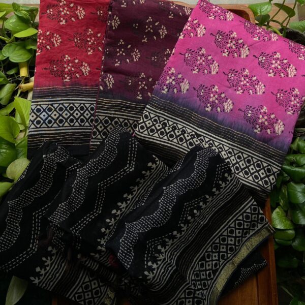 A beautiful collection of Pure Maheshwari Silk top Du&ppatta with stunning block prints & cotton bottom