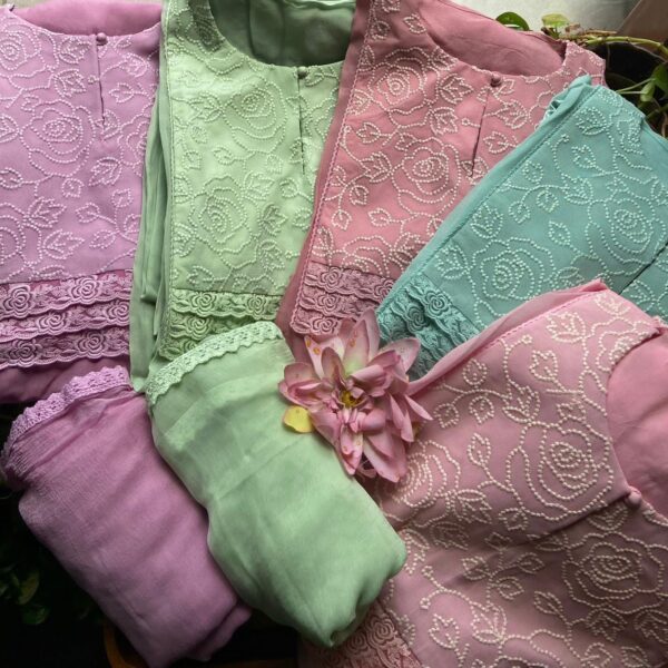 A beautiful premium collection of pure viscose georgette top with stunning English Rosette Embroidered fabric & French Lace designed on yoke & sleeves ( The suit is unstitched with all designer detailing done & has to be stitched as per measurements) , santoon bottom & pure chiffon Duppatta with crochet lace borders Dispatch time 5 days