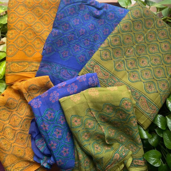 A beautiful collection of Pure cotton top with block prints , cotton printed bottom & chiffon Duppatta