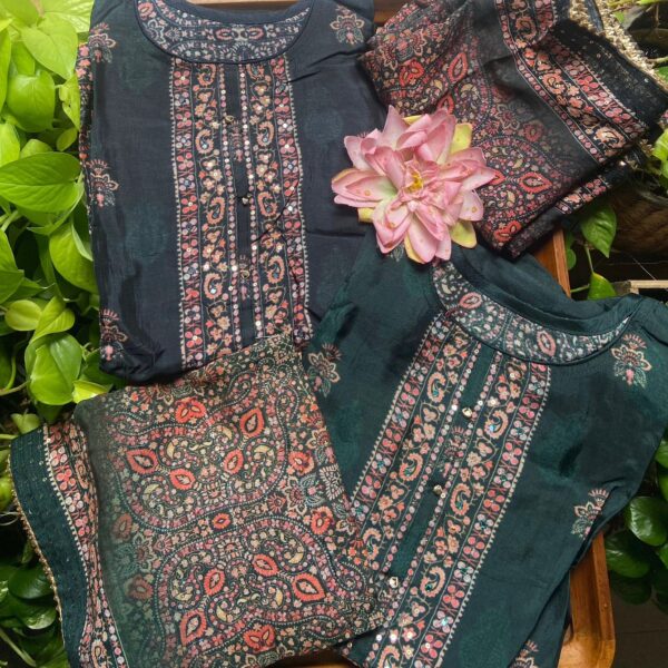 A beautiful collection of Pure crepe silk top with floral block prints , santoon bottom and beautiful designer Duppatta