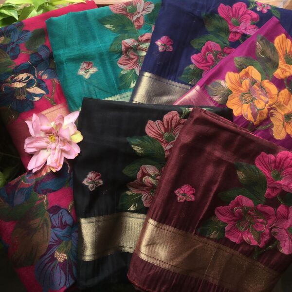 For all Jamdhani lovers like me , A beautiful collection of pure Benarasi Chandheri silk top & Duppatta with beautiful floral Jamdhani weaving & cotton silk bottom. These suits come with beautiful borders which can be used for your styling purposes. Style them with borders & you have beautiful suits for the upcoming festive season