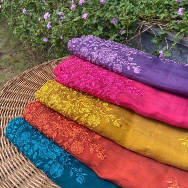 A beautiful premium collection of pure Chandheri silk saree with exquisite floral embroidery detailing on entire saree & with blouse. The saree is so pretty and soft and drapes like a dream ! Hurry & order these before we run out of them
