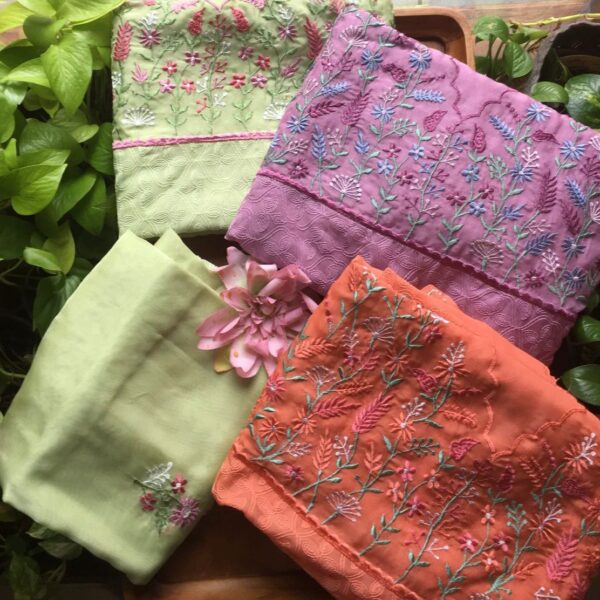A beautiful premium collection of organza too & Duppatta with exquisite floral & Tepchi Chikankari embroidery. Cotton silk bottom