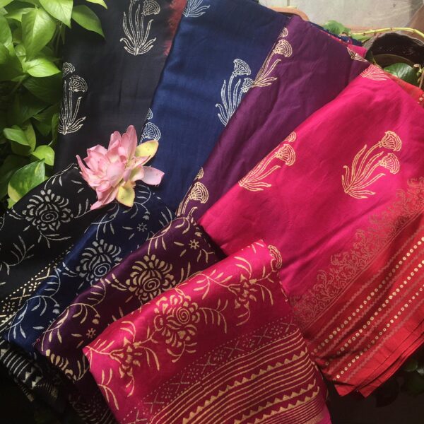 A beautiful collection of pure Maheshwari silk top & Duppatta with block prints & cotton bottom. Hurry and order these before we run out of them