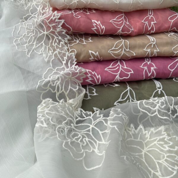 A beautiful collection of chiffon top & Duppatta with Cutwork rosette embroidery & cotton silk bottom. Hurry & order these before we run out of them. These suits are the ideal choice for the festive season and gifting! Style them with transparent necks or crop top styles & stay stylish this season