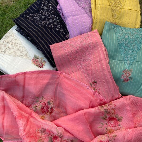 Presenting a stunning collection on pure silk organza with striped Benarasi weaving & exquisite hand appliqués , beautiful French lace detailing for sleeves & on santoon bottom & a gorgeous silk organza Duppatta with floral prints , appliqués & French lace detailing. Limited pieces available!!!Hurry & order these before we run out of them! Perfect choice for gifting your dear ones this festive season