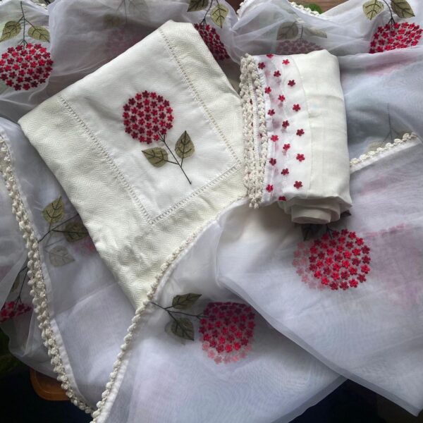 Presenting a stunning collection of Chandheri silk top with exquisite embroidery at neckline & sleeve borders , santoon bottom with embroidery patch ,& organza Duppatta with complete embroidery & French lace detailing