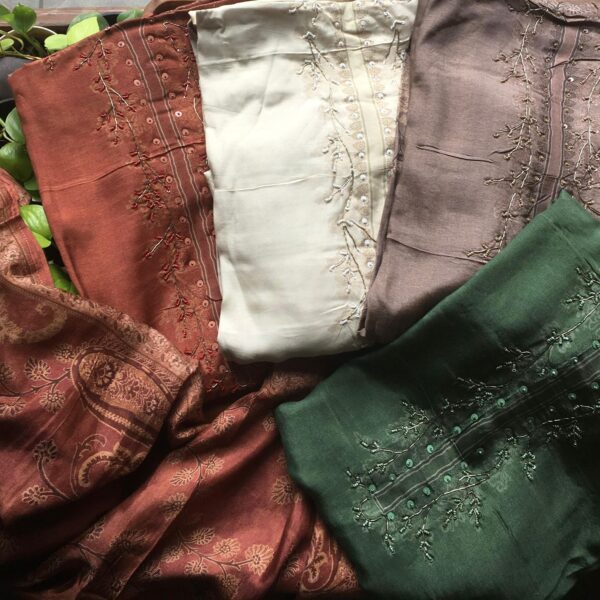 Presenting a stunning collection of Pure Uppada silk top with exquisite Zardosi embroidery and very beautiful Kalamkari floral block prints , santoon bottom with embroidery patch , and pure Uppada Duppatta with Kalamkari floral block prints