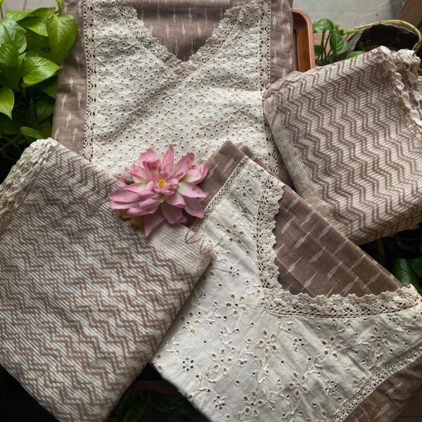 Presenting a stunning collection of Pure Double Ikkat top with exquisite french knots & mirror work embroidery at yoke , crochet borders at sleeve ends & hemline , cotton bottom with Kota Duppatta with hand crochet borders Hurry & order these before we run out of them!