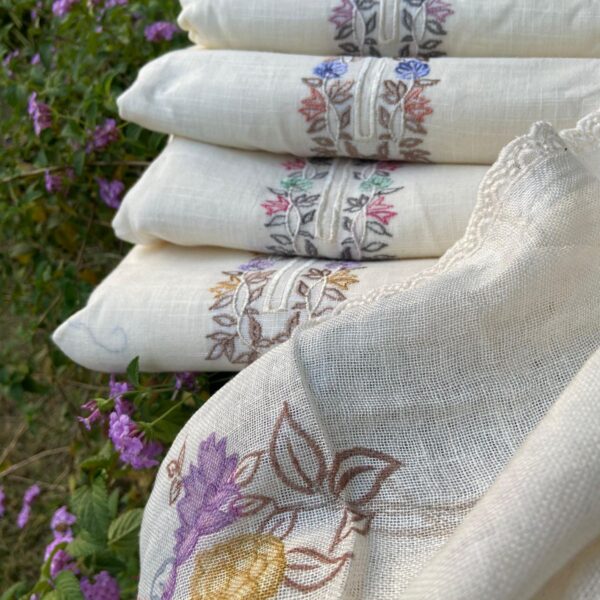 Presenting a stunning collection of pure Linen top & Duppatta with exquisite embroidery, appliqués & block prints . cotton bottom!!!Limited pieces available!!!Hurry & order these before we run out of them! Perfect choice for gifting your dear ones this festive season