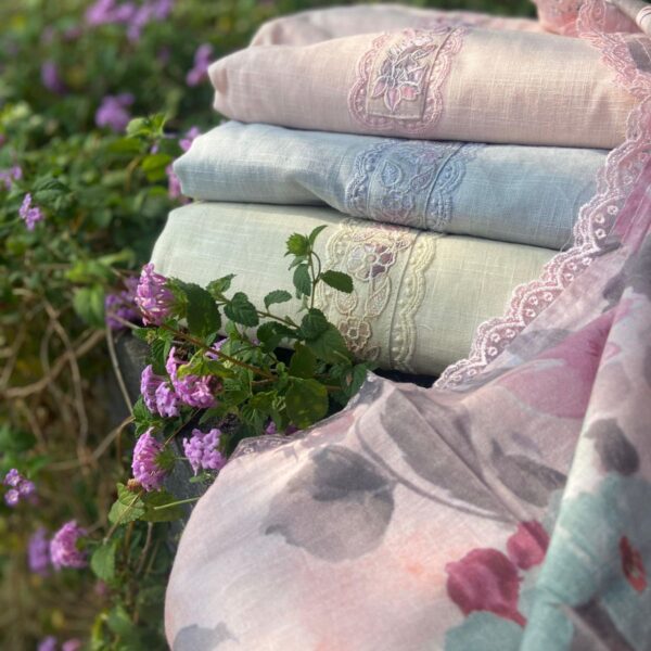 A beautiful collection of Linen Cotton top with intricate floral embroidery & French lace detailing on yoke & appliqués on hemline , cotton botton & Muslin Duppatta with beautiful floral prints !!! Limited pieces available!!!Hurry & order these before we run out of them! Perfect choice for gifting your dear ones this festive season