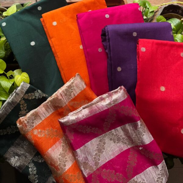 Presenting a stunning collection of pure Maheshwari silk top with polka Benarasi weaving , cotton silk bottom & Maheshwari Organza Duppatta with beautiful hand weaving !!!Hurry & order these before we run out of them! Perfect choice for gifting your dear ones this festive season