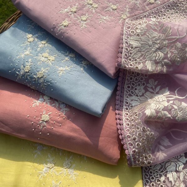 Presenting a stunning collection of pure Benarasi Chandheri silk top with beautiful hand embroidery featuring bullion knots & pearl embroidery & embroidery borders for sleeves , sanction bottom. With embroidery & organza Duppatta with Embroidery & Cutwork! Limited pieces available!!!