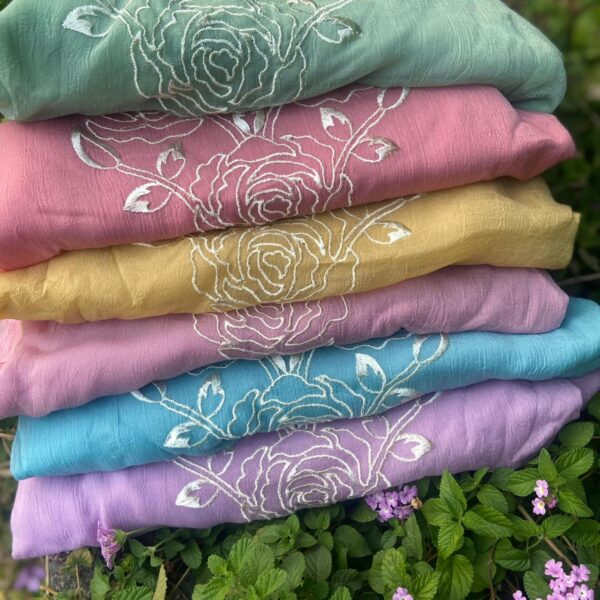 Presenting a stunning collection of chiffon top & Duppatta with beautiful English rosette embroidery & scallops. Cotton silk bottom !!!Hurry & order these before we run out of them! Perfect choice for gifting your dear ones this festive season