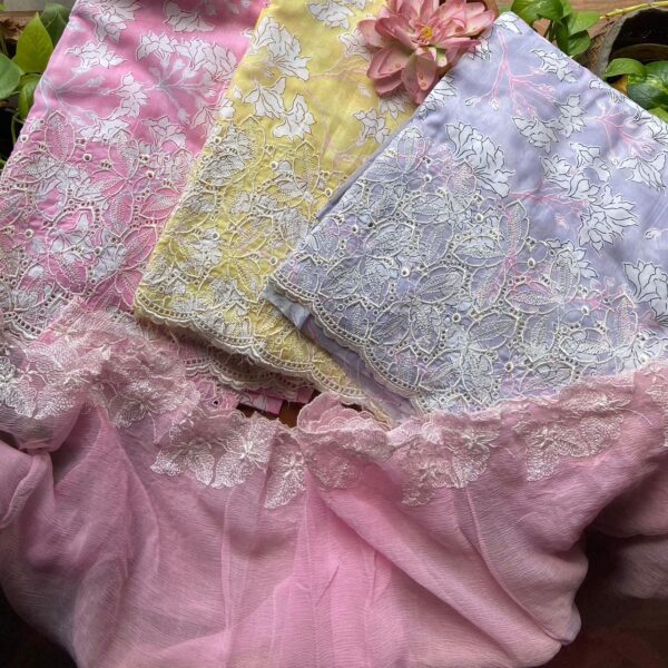 Presenting a beautiful pure muslin top with beautiful Cutwork embroidery detailing & floral prints all over , cotton bottom & chiffon Duppatta with pretty floral embroidery