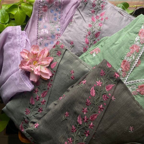 A beautiful premium collection of pure cotton top with exquisite embroidery at v neck portion defined by fine crochet ,cotton bottom and ombré dyed duppatta