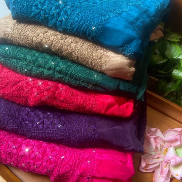 Presenting a stunning collection of pure Crepe silk top & Duppatta with exquisite Lucknow Chikankari Hand Embroidery & santoon bottom!