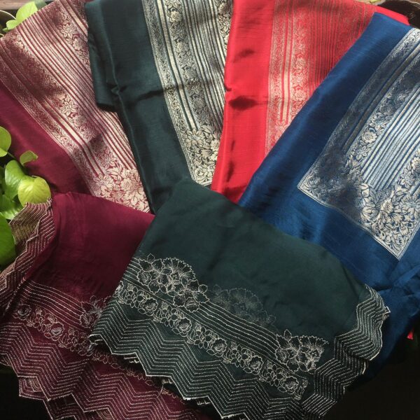 Presenting a stunning collection of pure Uppada silk top with beautiful Benarasi hand weaving at yoke, Daman portion and borders for sleeves and appliqué embroidery as well, Uppada silk bottom and a lovely silk organza Duppatta with exquisite Embroidery detailing