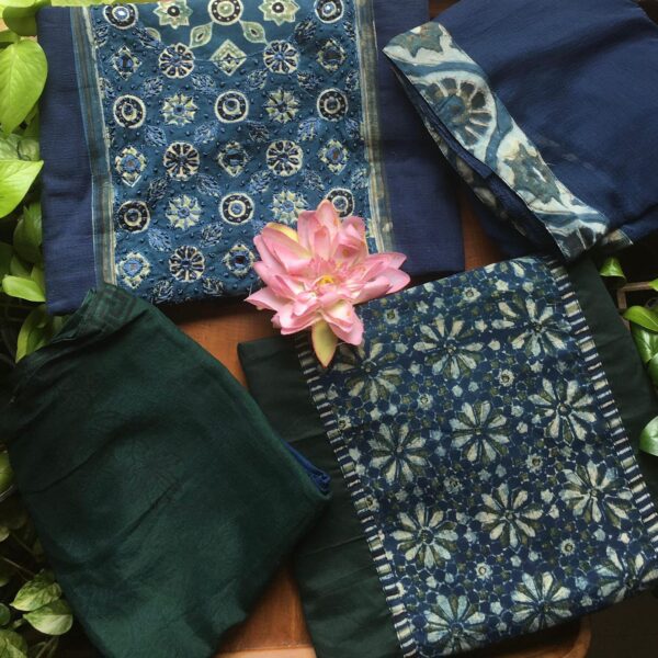 ☘️Presenting a stunning collection of pure cotton top with beautiful Ajrak block prints and hand embroidery, cotton bottom and chiffon Duppatta