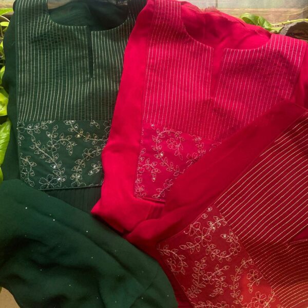 A beautiful collection of Designer wear suits in pure viscose georgette top with embroidery & detailing on yoke & sleeve ends ,santoon bottom & chiffon badla Duppatta!!! Limited pieces available!!!Hurry & order these before we run out of them!