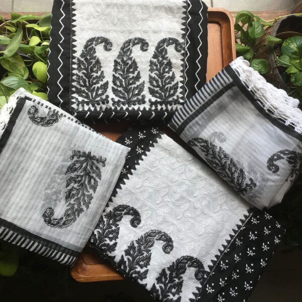 A beautiful collection of pure cotton top with beautiful block prints & Tepchi Chikankari embroidery , cotton bottom & Kota silk Duppatta with block prints & hand crochet !!! Limited pieces available!!!Hurry & order these before we run out of them! Perfect choice for gifting your dear ones this festive season